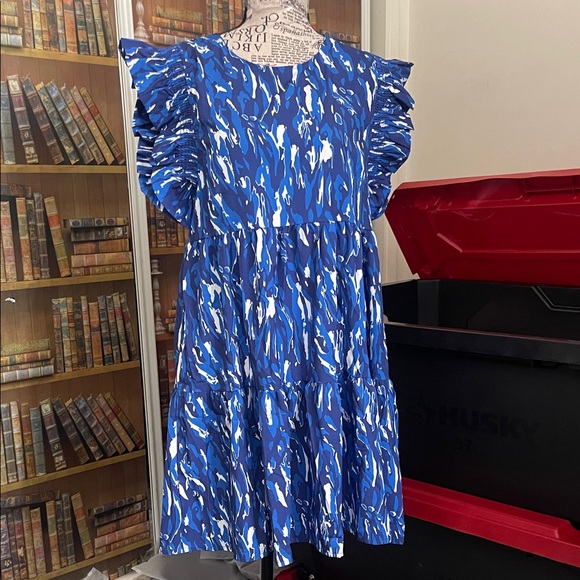 Michelle Mcdowell Dresses & Skirts - Blue and White Patterned Ruffle Dress